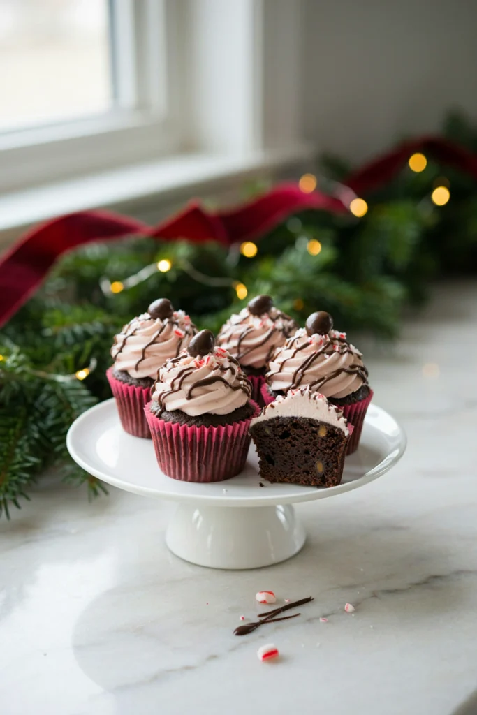 Chocolate coffee cupcakes topped with swirled peppermint buttercream and a chocolate covered coffee bean