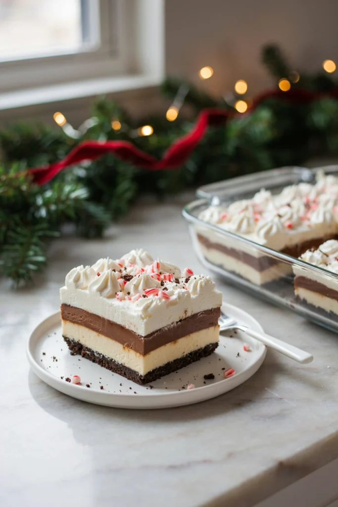 A layered no-bake dessert with a chocolate cookie crust, cheesecake layer, chocolate pudding, and whipped topping, cut into squares showing all the layers