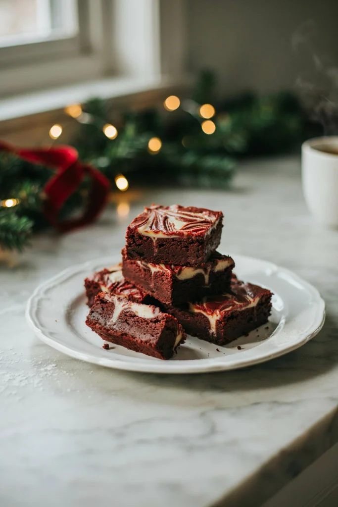 Deep red brownies swirled with cream cheese frosting, cut into squares showing the marbled pattern