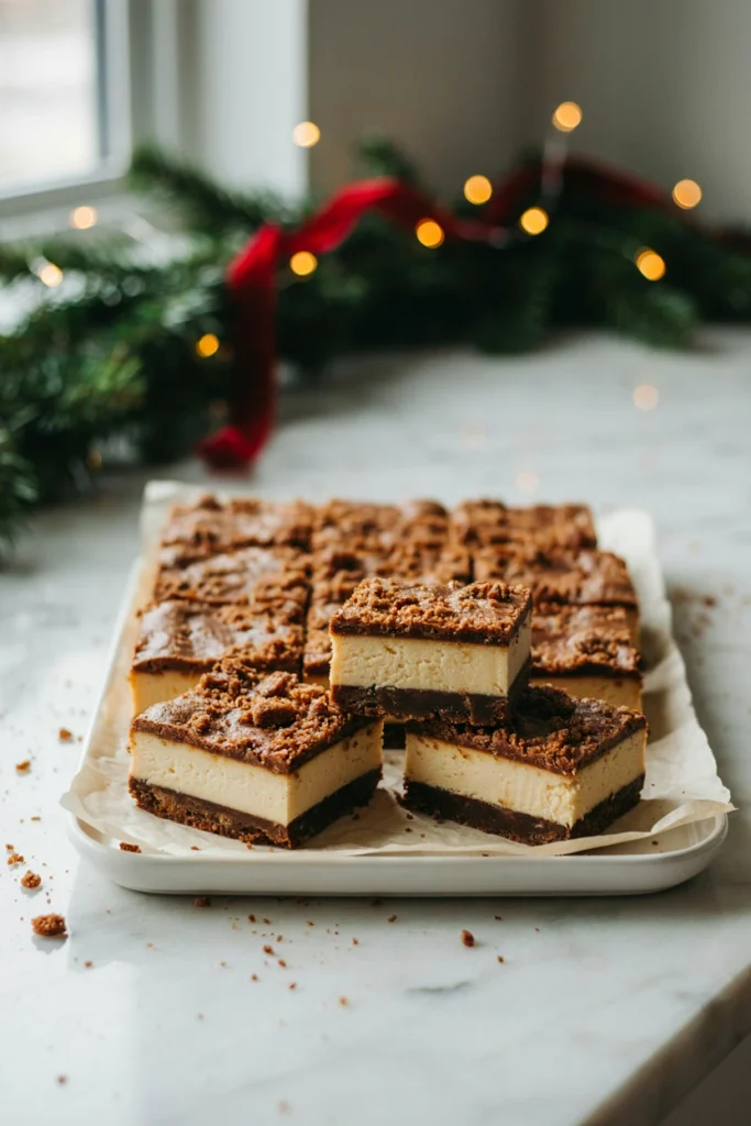 A sheet pan of gingerbread cheesecake bars swirled with molasses cheesecake filling, cut into squares