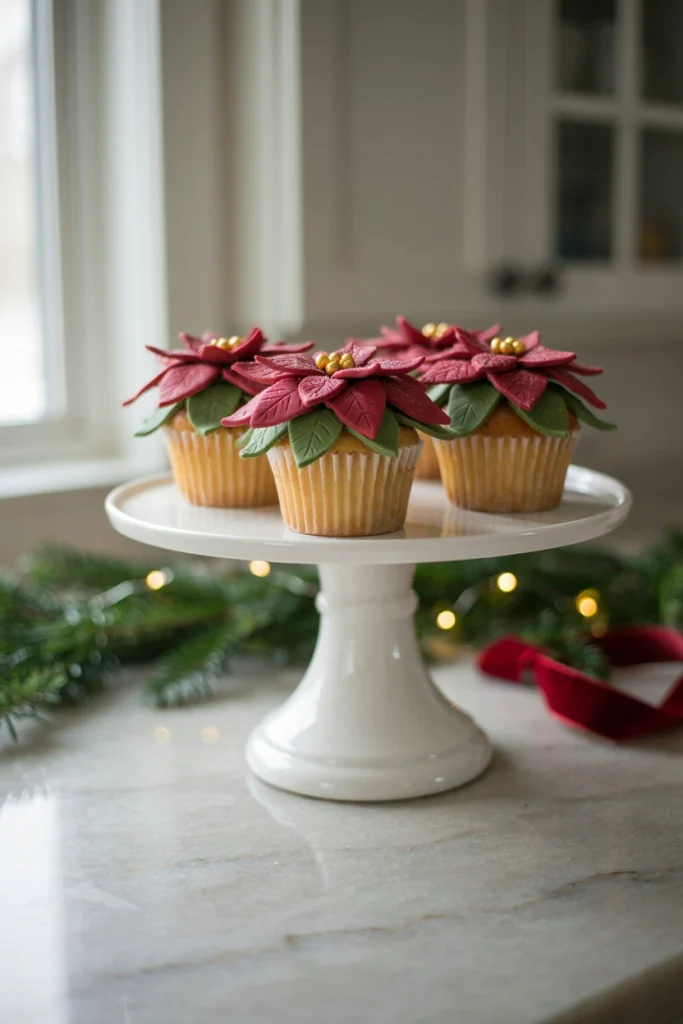 Vanilla cupcakes topped with red and green fondant poinsettia flowers made from petal shapes