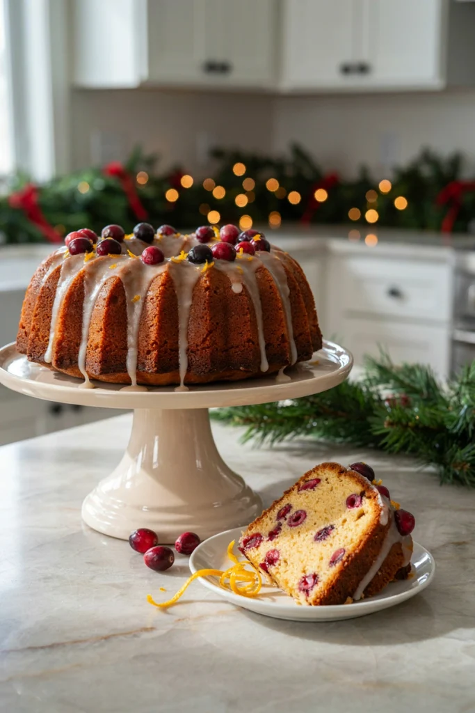 A bundt cake studded with fresh cranberries and orange zest, glazed with an orange icing
