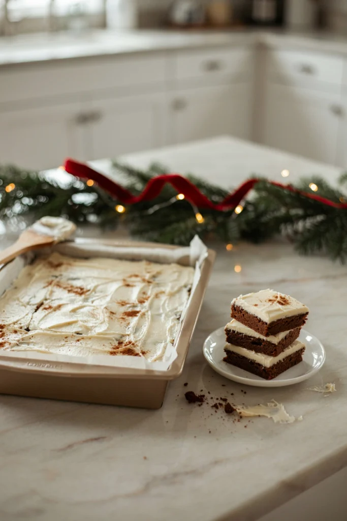A pan of soft gingerbread bars topped with cream cheese frosting and a dusting of cinnamon, cut into squares
