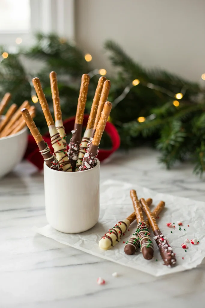 Pretzel rods half-dipped in white and dark chocolate, rolled in crushed peppermint and holiday sprinkles, standing in a jar