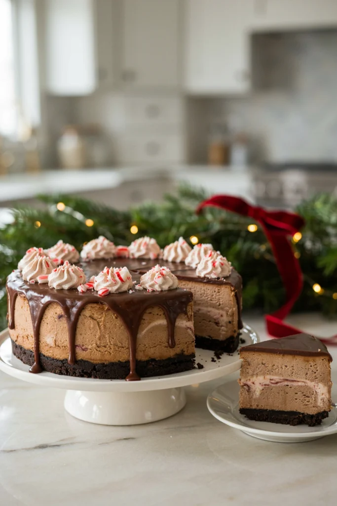 A rich chocolate cheesecake with peppermint swirl and chocolate ganache drip, topped with crushed candy cane