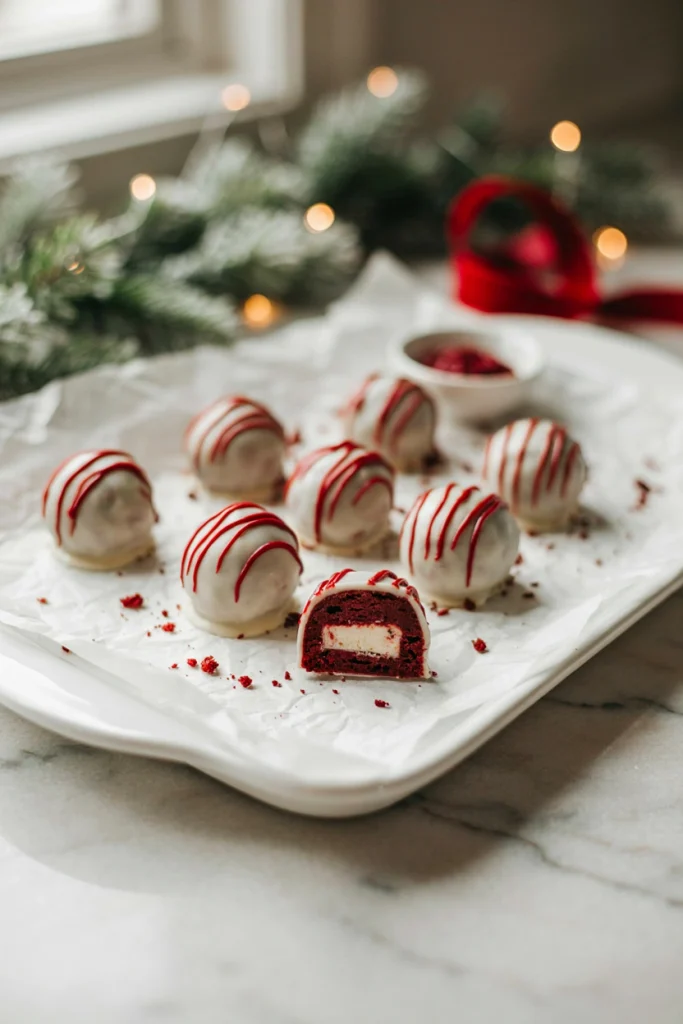 Red velvet cake truffles dipped in white chocolate, drizzled with red candy melts, on a festive tray