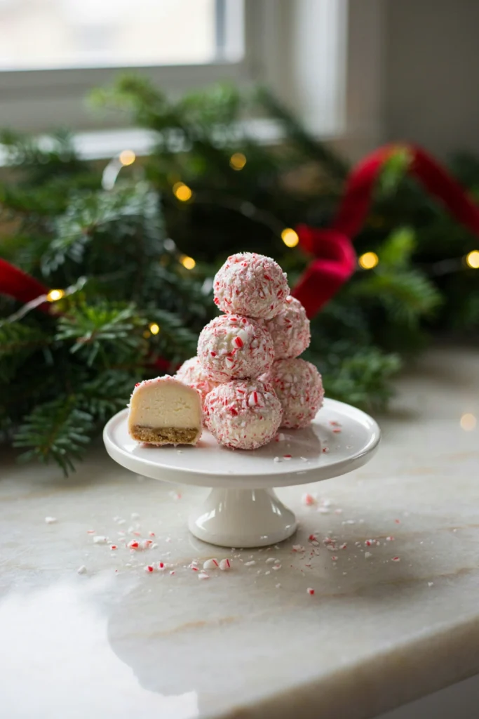 Cheesecake truffle balls dipped in white chocolate and rolled in crushed candy cane, arranged on a plate
