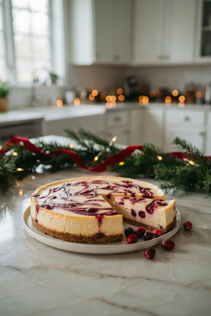 A creamy cheesecake with a vibrant red cranberry swirl running through the top, sliced to show the marbled pattern
