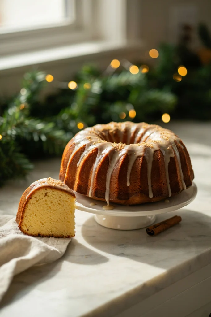 A golden bundt cake with a nutmeg glaze dripping down the sides, garnished with a cinnamon stick
