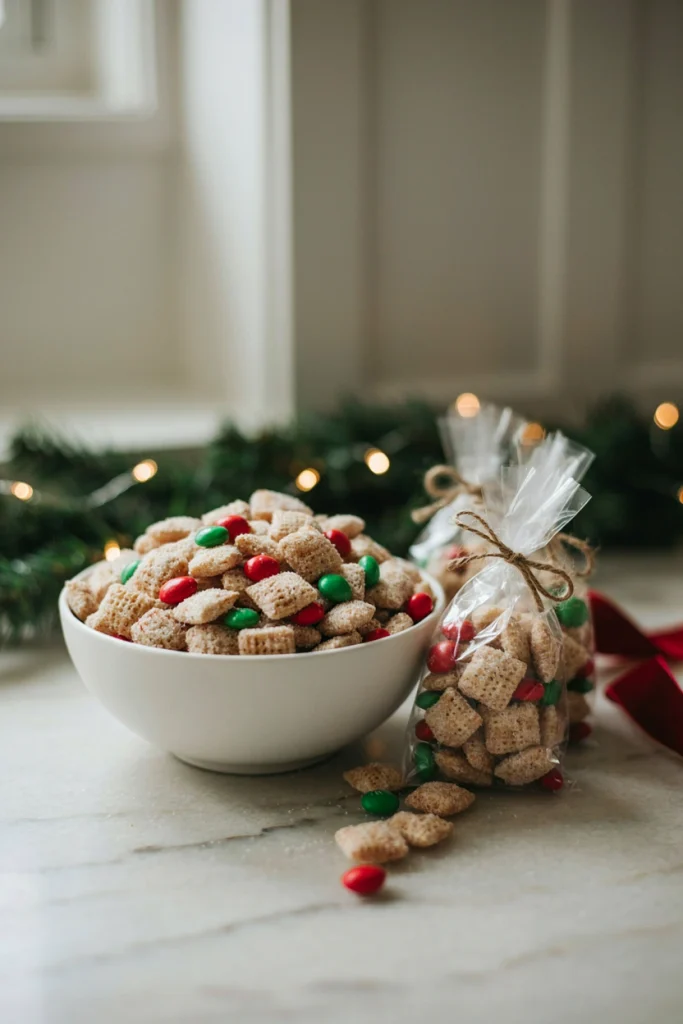 A big bowl of powdered-sugar-coated puppy chow mixed with red and green M&Ms, packaged in small clear gift bags tied with twine