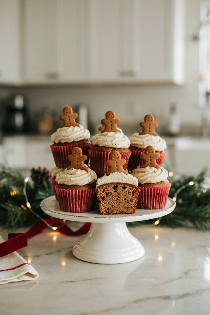 Gingerbread cupcakes topped with cinnamon cream cheese frosting and a mini gingerbread man cookie