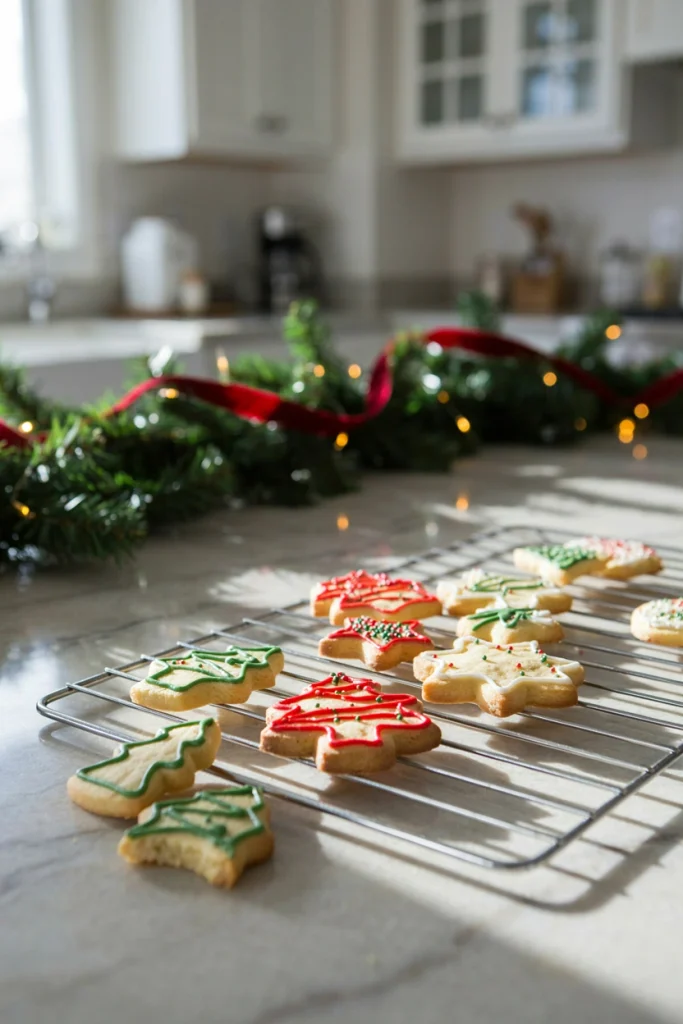 Star and tree shaped butter cookies decorated with red and green royal icing, arranged on a cooling rack