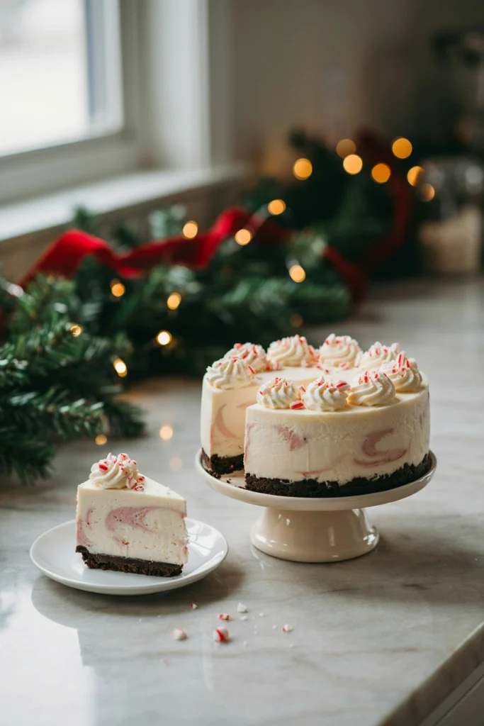 A white cheesecake with pink swirls, crushed candy cane topping, and a chocolate cookie crust, sliced