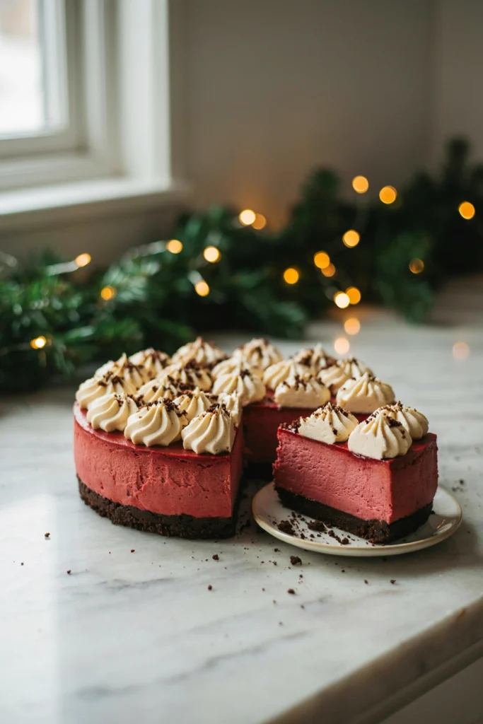 A red velvet cheesecake with a chocolate cookie crust, topped with cream cheese swirls, sliced to show the deep red interior