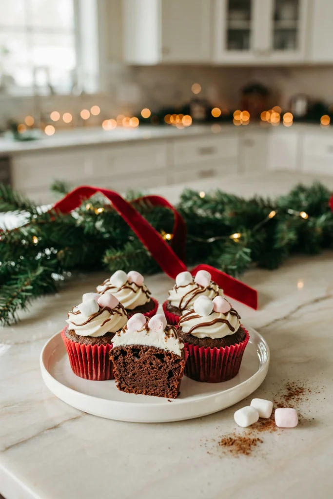 Chocolate cupcakes topped with whipped cream frosting and a mini marshmallow, resembling a mug of hot cocoa