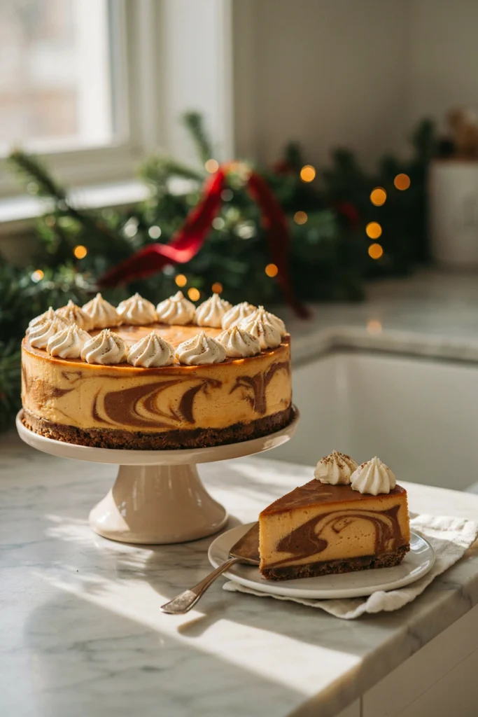 A cheesecake with layered pumpkin and gingerbread swirls, topped with whipped cream, sliced to show the marbling