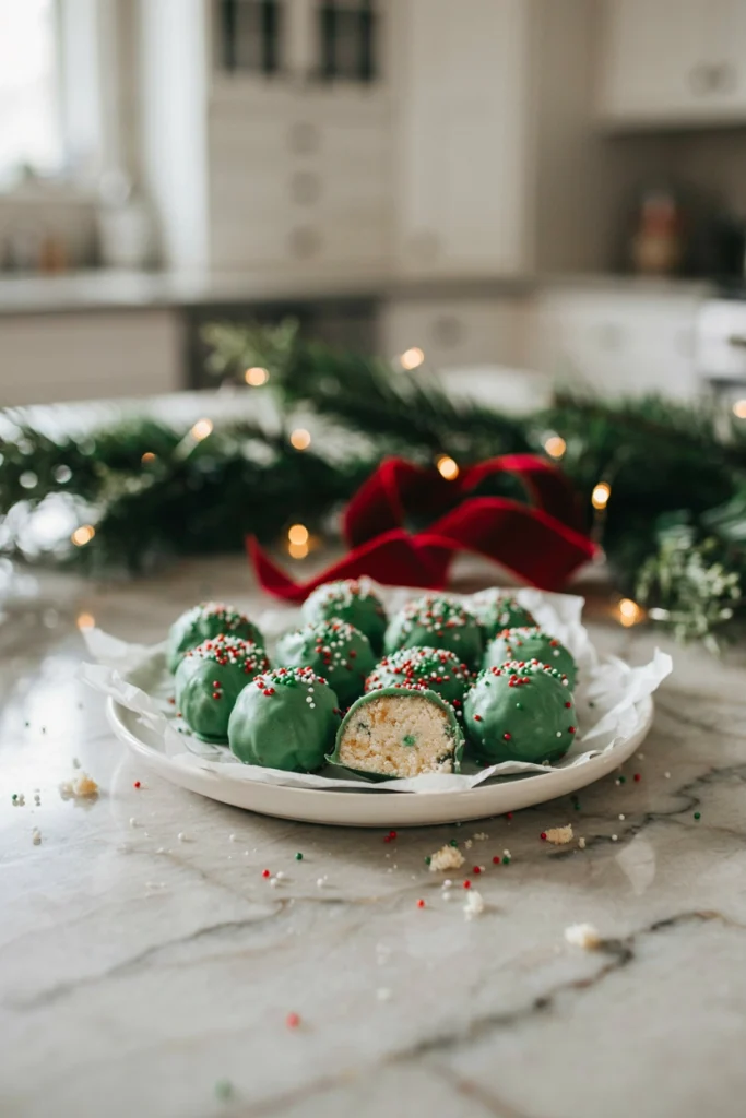 Chopped Little Debbie Christmas Tree cakes folded into a chocolate truffle mixture, rolled into balls dipped in green chocolate
