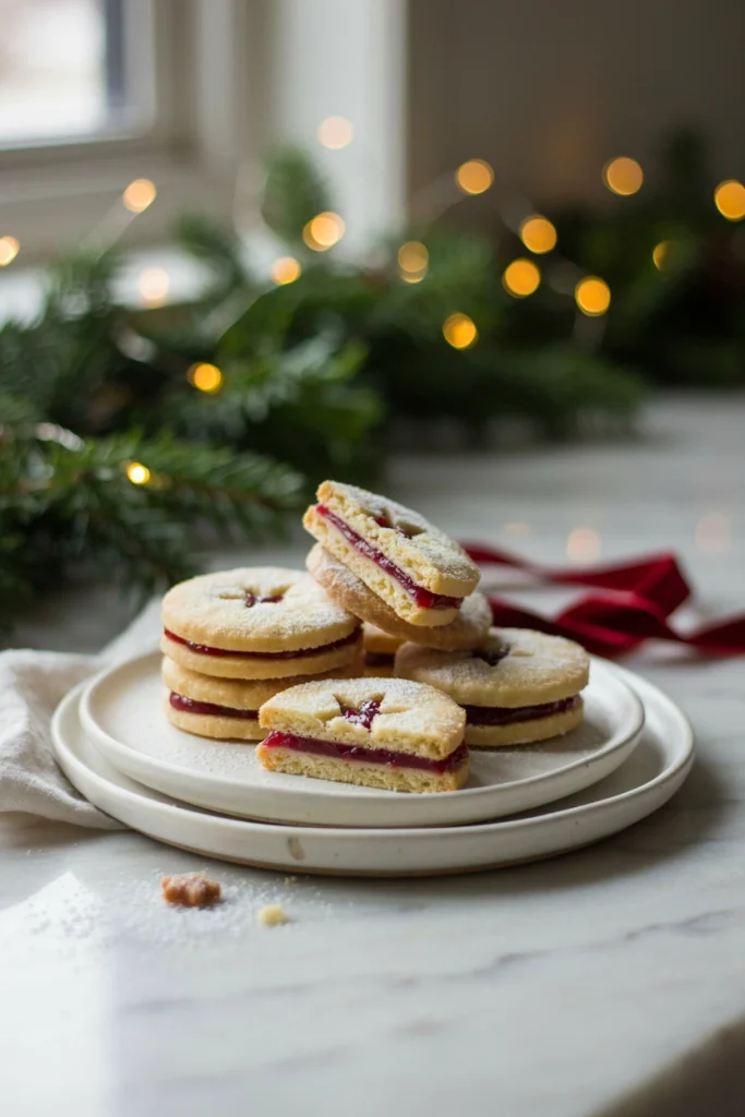 Almond shortbread sandwich cookies with a star cutout showing raspberry jam, dusted with powdered sugar