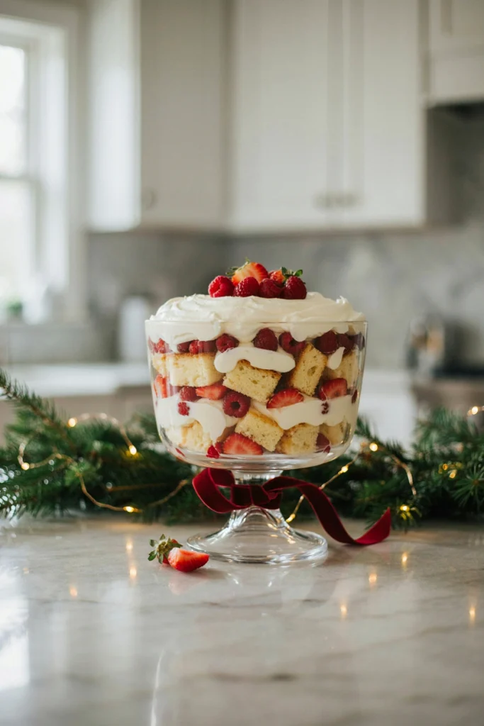 A glass trifle bowl layered with cake, custard, berries, and whipped cream, showing the distinct colorful layers