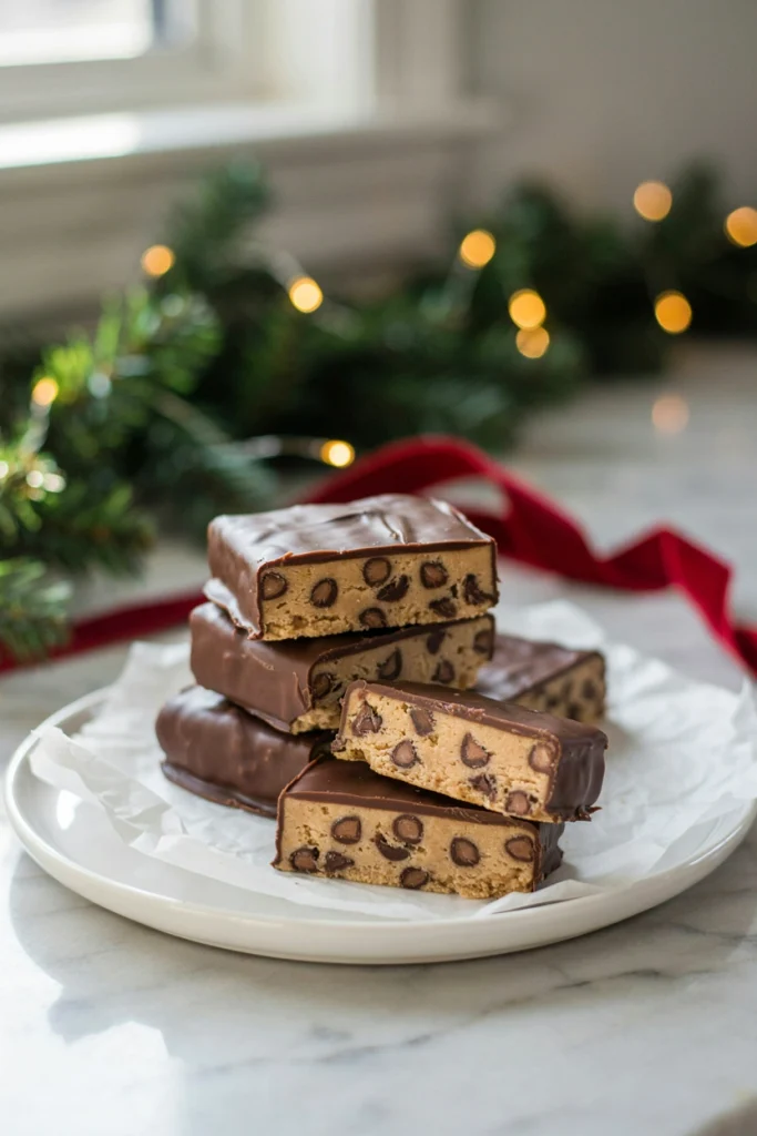 No-bake cookie dough bars dipped in chocolate, studded with mini chocolate chips, cut into squares