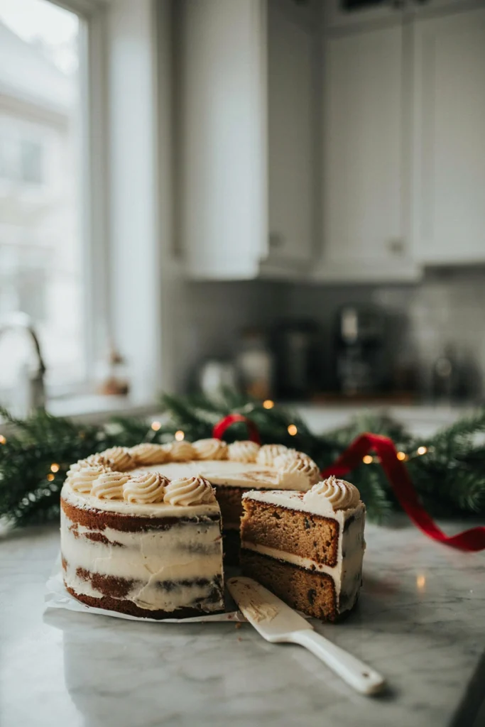 A round layered gingerbread cake with cream cheese frosting between layers and on top, dusted with cinnamon
