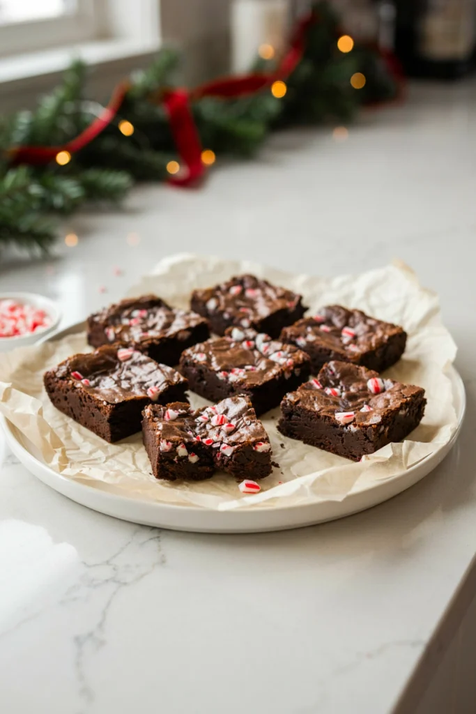 Fudgy chocolate brownies topped with crushed candy cane pieces baked right into the surface, cut into squares