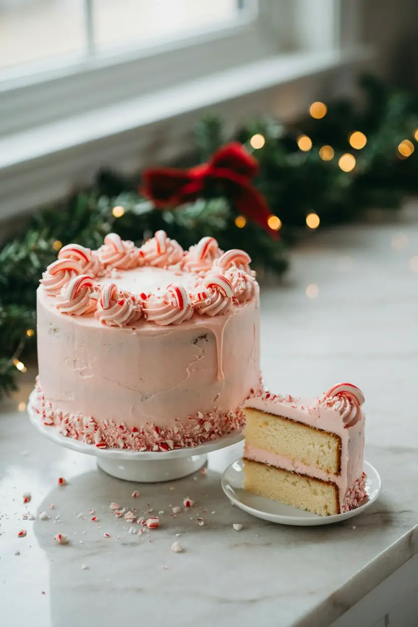 A white layer cake with pink peppermint buttercream, crushed candy cane on top, and a striped candy cane border
