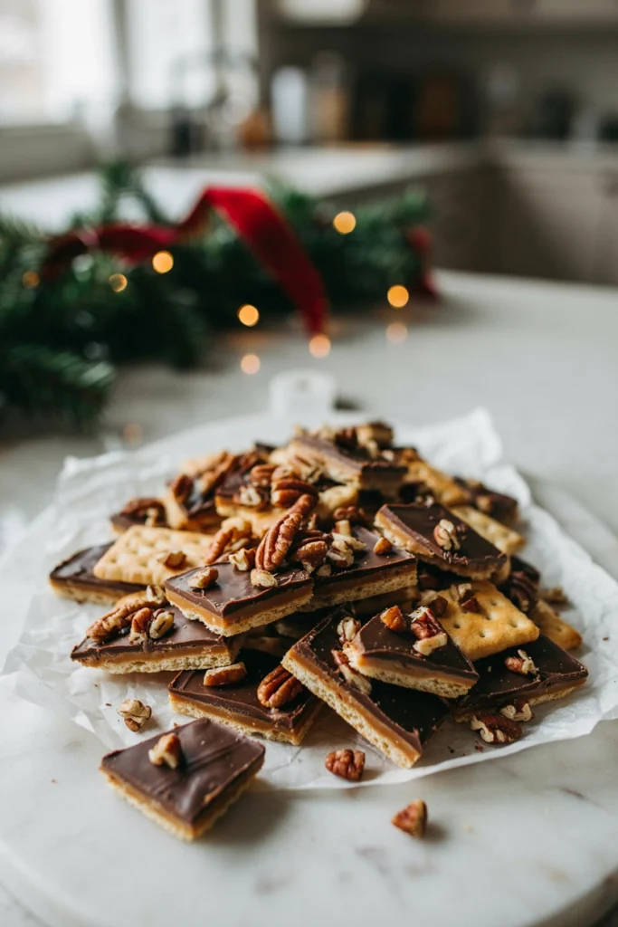 A sheet of toffee-coated saltines topped with chopped pecans, broken into rustic pieces