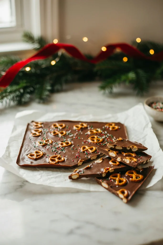 A flat sheet of chocolate bark studded with broken pretzel pieces and rainbow holiday sprinkles