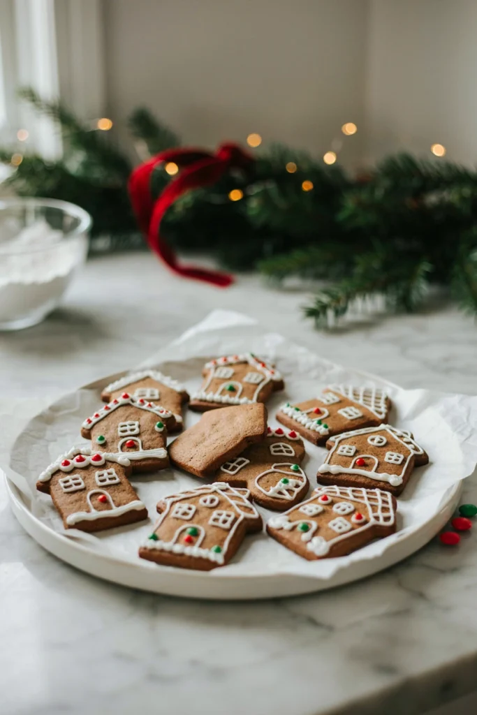 Flat cookie cutouts shaped like tiny gingerbread houses, decorated with royal icing windows, doors, and roof details