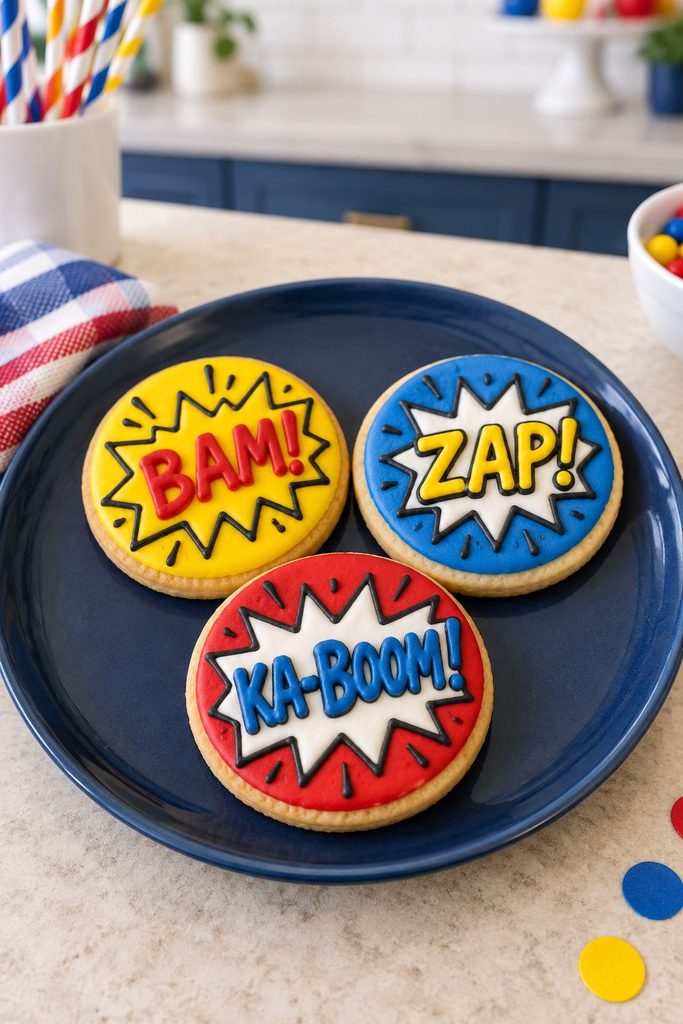 Three round cookies with comic sound effect words BAM ZAP and KA-BOOM