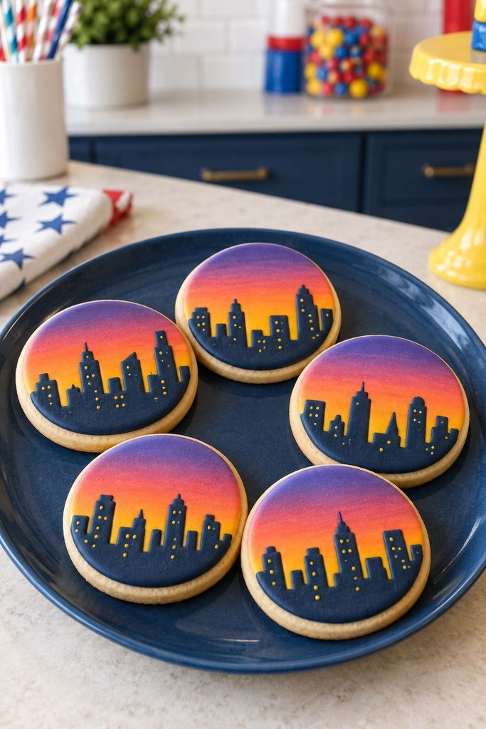 Cookie showing a dark purple city skyline silhouette against an orange sunset