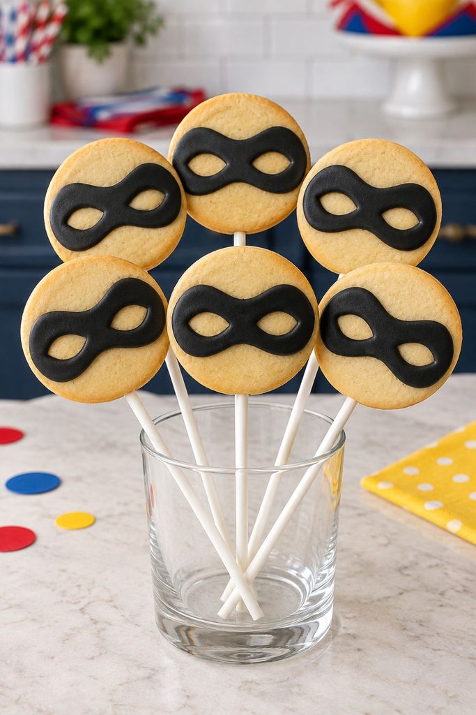Superhero domino mask cookie pops on white sticks with black icing masks