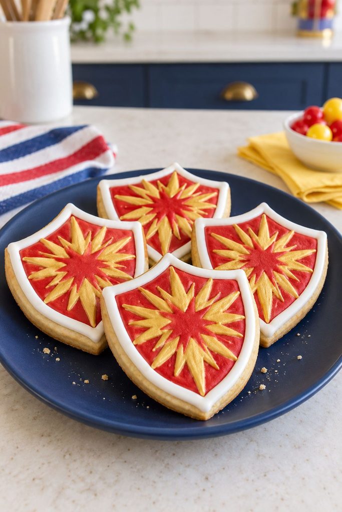 Shield shaped superhero cookie with a red and gold starburst emblem