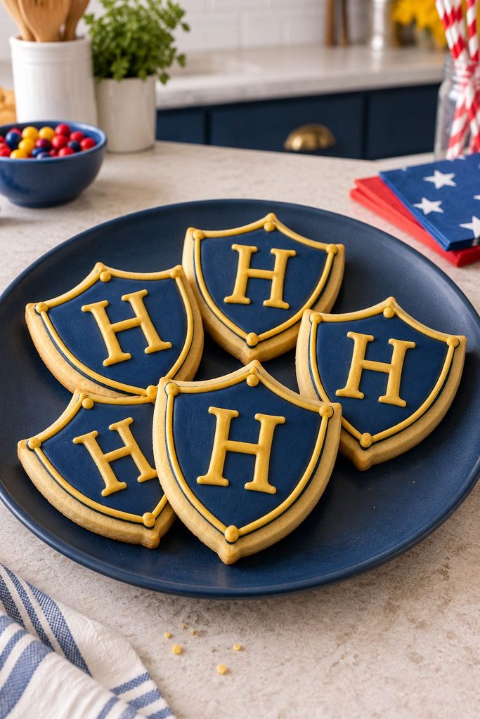 Navy crest shaped cookie with a gold piped monogram letter in the center