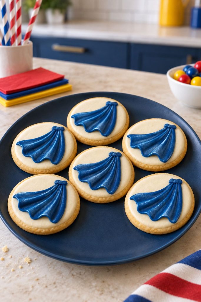 Round sugar cookie decorated with a royal blue superhero cape piped in rippling waves