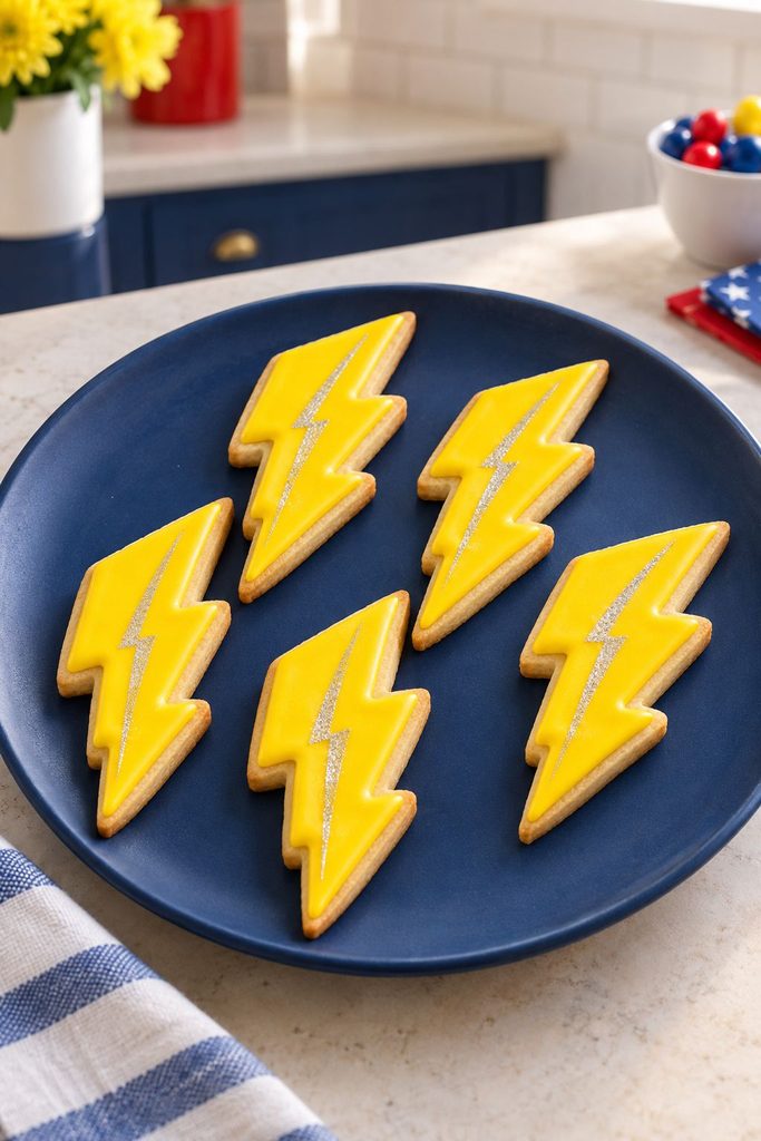 Lightning bolt shaped cookie in electric yellow with a metallic silver sheen