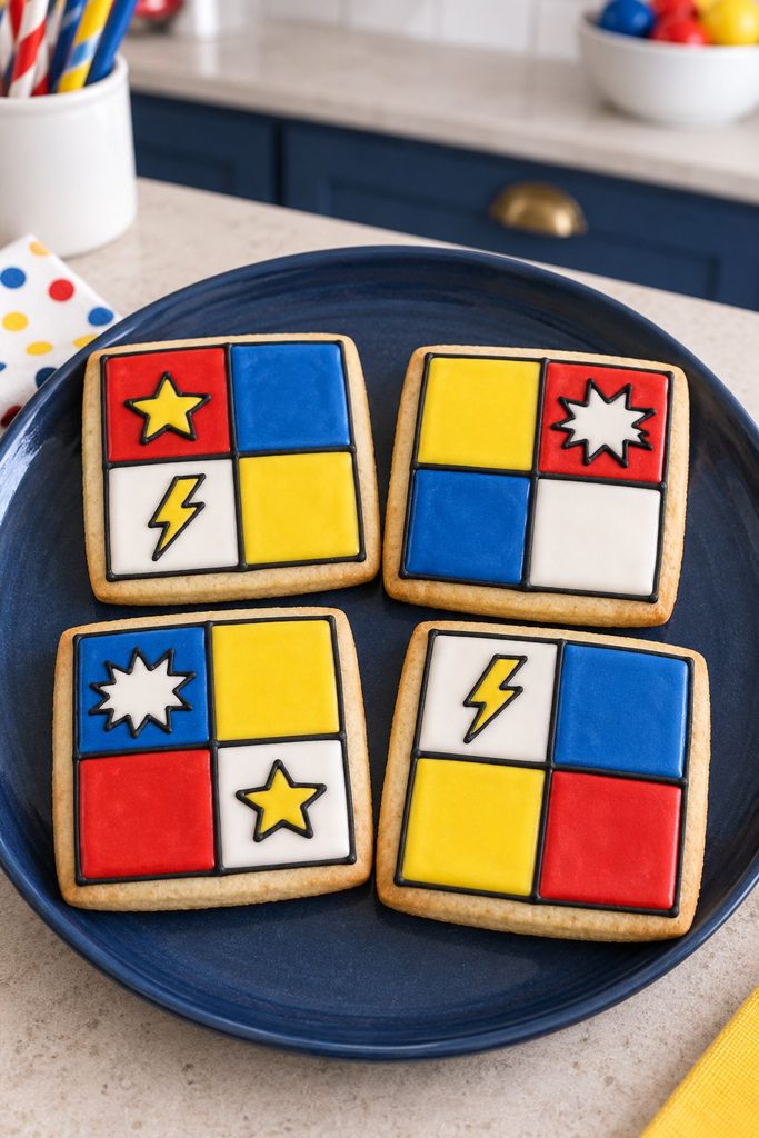 Cookie divided into four comic book panels each in a different bold color
