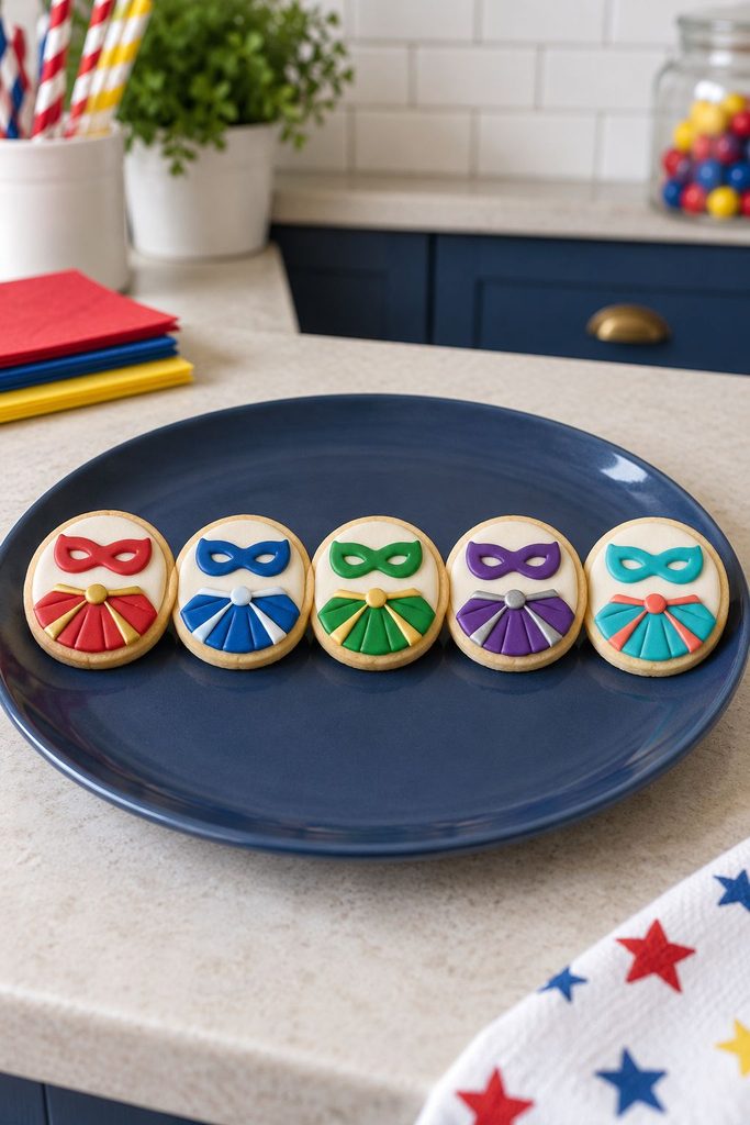 Row of five round cookies each with a different colored superhero mask and cape