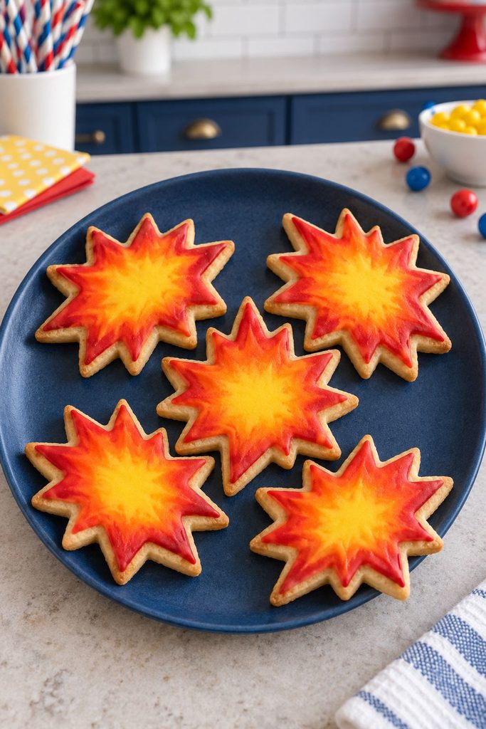 Cartoon explosion burst cookie flooded in gradient orange, yellow, and red