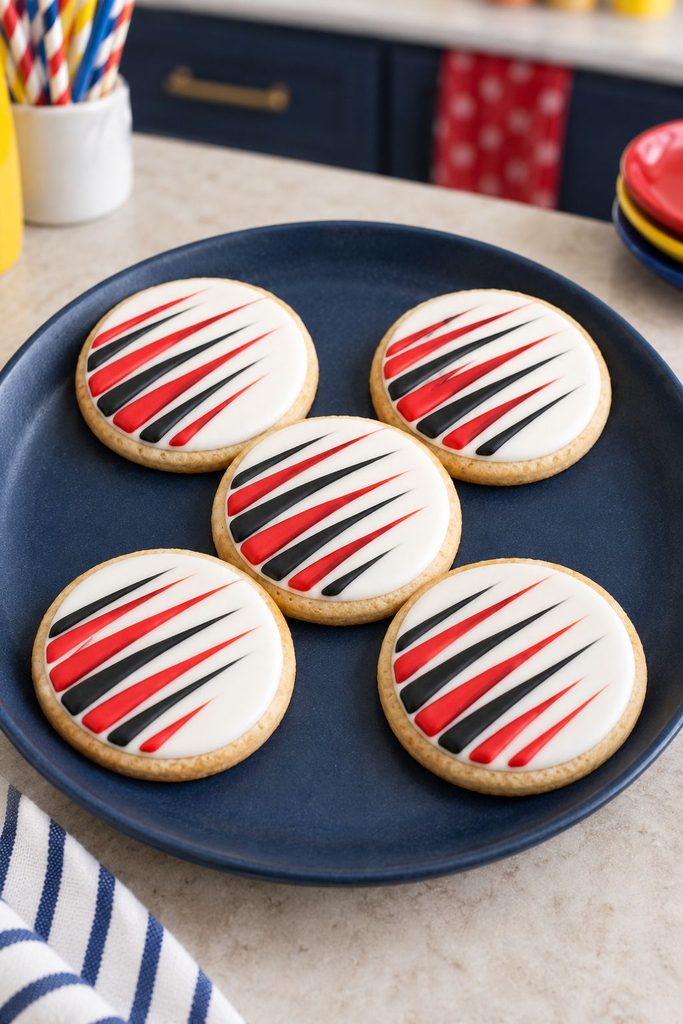 Cookie with diagonal red and charcoal speed lines suggesting motion