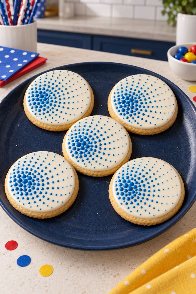 Cookie with cyan blue halftone dots fading from dense to sparse like comic book printing