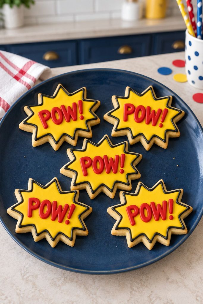 Yellow comic book speech bubble cookie with the word POW piped in red