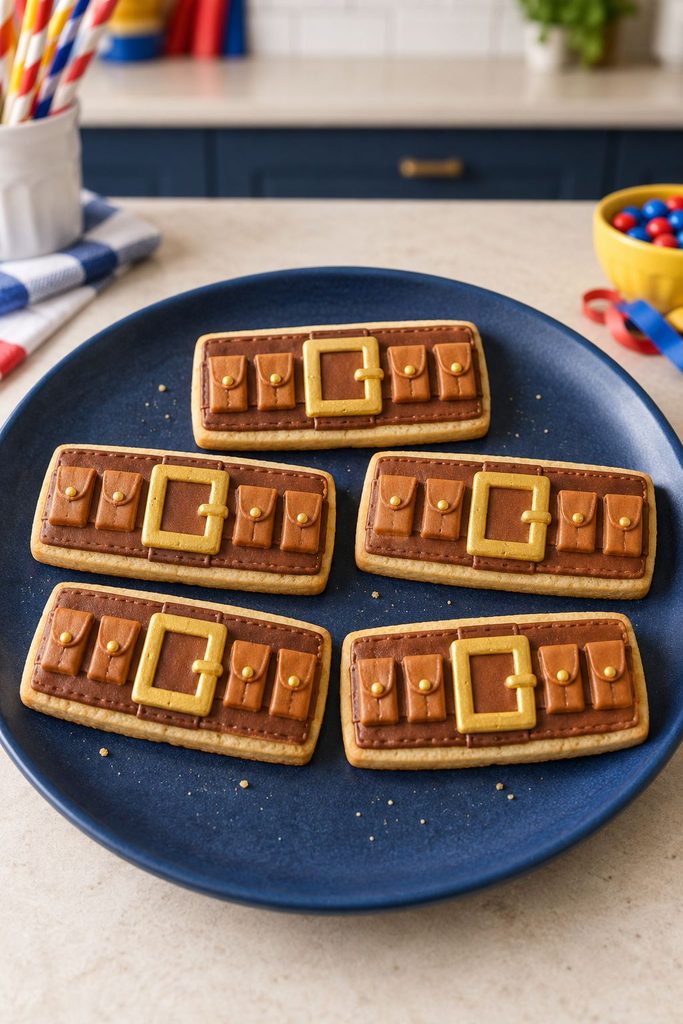 Rectangular cookie decorated like a leather utility belt with a gold buckle