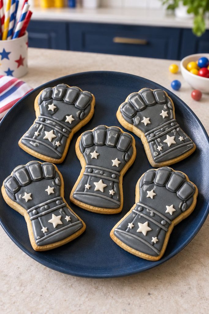 Fist shaped superhero glove cookie with gray knuckle plating and white stars