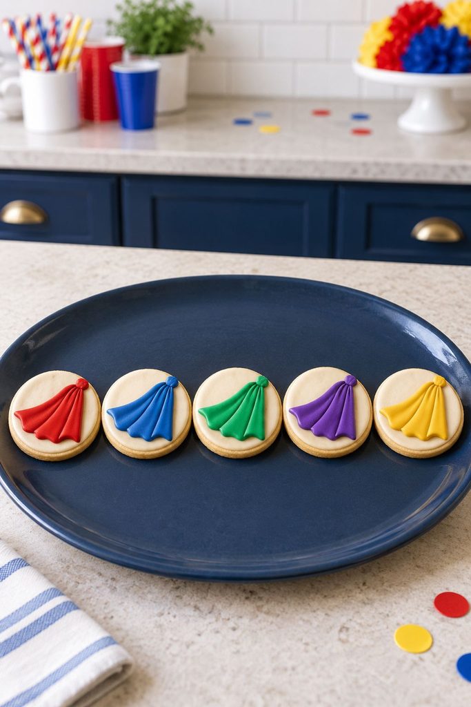 Row of five cookies with the same cape shape in crimson, cobalt, emerald, violet, and gold