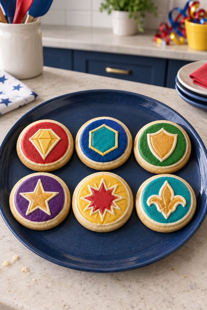 Six small round cookies each with a different jewel toned emblem shape