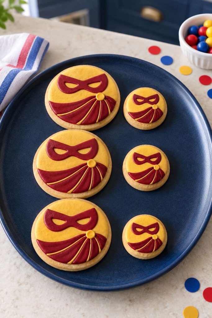 Larger and smaller maroon and gold superhero cookies paired as mentor and sidekick