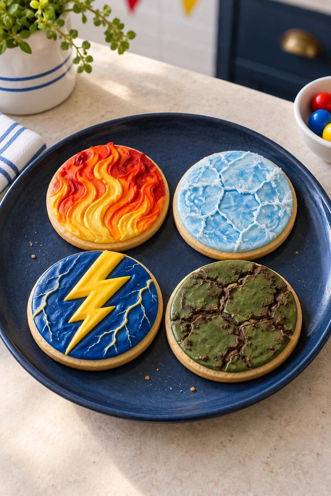 Four cookies representing fire, ice, lightning, and earth elemental powers