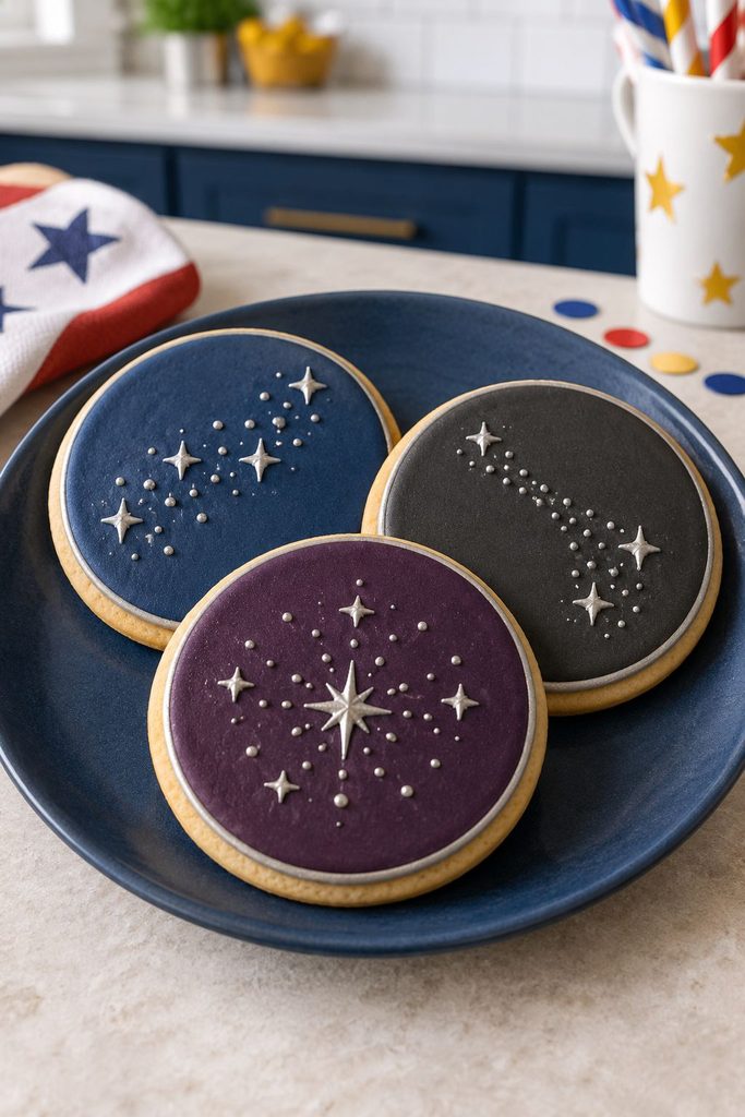Three dark navy, charcoal, and plum cookies with silver star accents